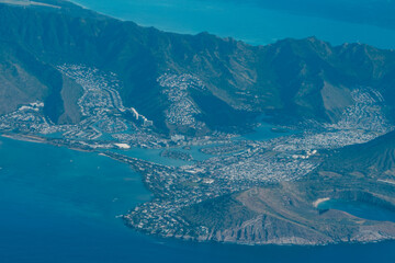 Hawaii Kai and Hanauma bay. Oahu Hawaii. Aerial photography of Honolulu to Kahului from the plane.	
