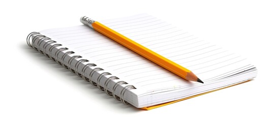A notebook lying open on a desk with a pencil placed on top of it. The pencil appears ready for use, positioned neatly on the lined pages of the notebook.