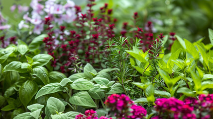 A lush herb garden full of fresh green basil, rosemary, and vibrant pink flowers, representing healthy, aromatic cultivation.