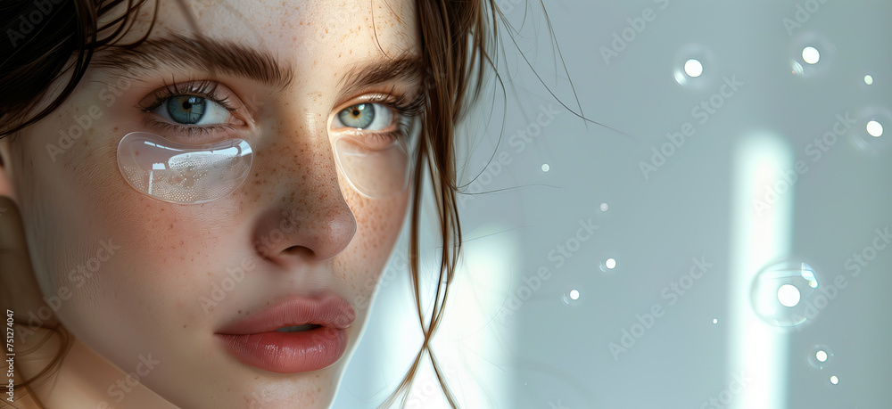 Wall mural beautiful woman macro detail close up shot with serum gel eye patches under eyes on her face with su