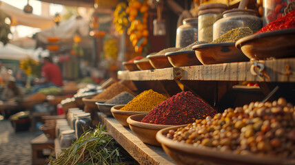Fototapeta premium Heaps of exotic spices and grains displayed in a traditional spice bazaar, exuding rich colors and a bounty of aromas.