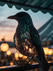 A beautiful smoke glass crystal bird in a dusk lit awning