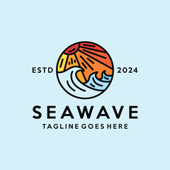 Sea Wave Logo Colorful Vector, Monoline Ocean Icon Symbol, Summer Beach Creative Vintage Graphic Design