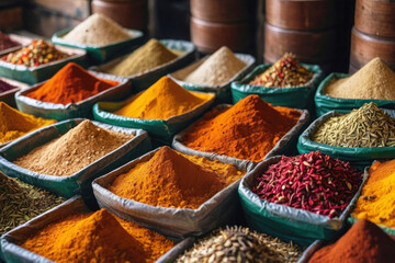Eastern local market, piles of colorful aromatic spices. Sacks with seasonings, different types of powder and herbs on the background, pepper and cinnamon.