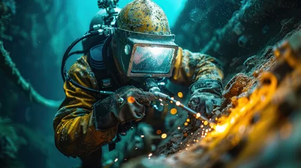 Fotobehang An underwater scene featuring a welder in advanced diving equipment, performing critical maintenance on the foundation of an oil rig. Underwater welding © tong2530