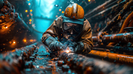 An underwater scene featuring a welder in advanced diving equipment, performing critical maintenance on the foundation of an oil rig. Underwater welding