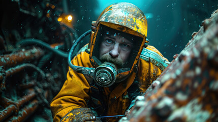 An underwater scene featuring a welder in advanced diving equipment, performing critical maintenance on the foundation of an oil rig. Underwater welding - obrazy, fototapety, plakaty