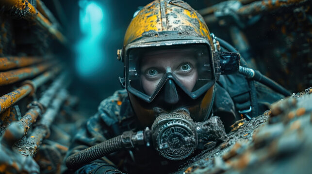 An underwater scene featuring a welder in advanced diving equipment, performing critical maintenance on the foundation of an oil rig. Underwater welding