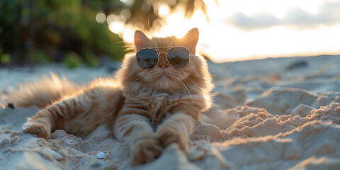 Funny Persian cat with sunglasses lying and relaxing on a sandy beach with palm trees around...