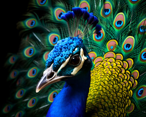 Beautiful peacock with colorful feathers on black background. close-up