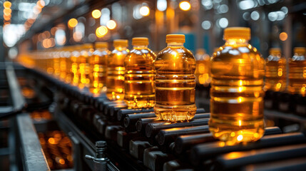 Fototapeta na wymiar Conveyor belt for vegetable oil in plastic bottles inside a vegetable oil production factory.