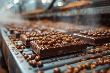 Close-up of a chocolate production line in a chocolate factory, making and processing chocolate,...