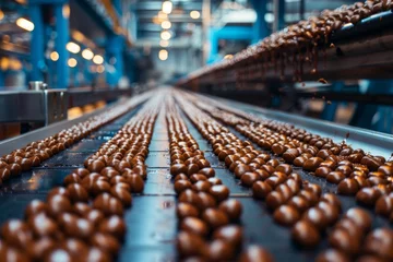 Fotobehang Chocolate candies on a line in a factory, production, selective focus © Tetiana Kasatkina