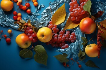 a group of fruit on a blue surface