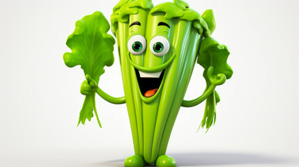 Celery with a cheerful face 3D on a white background.
