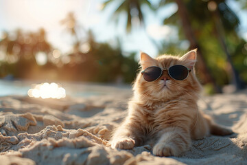 Funny Persian cat with sunglasses lying and relaxing on a sandy beach with palm trees around against a sunlight. Summer travel commercial concept banner with copy space.