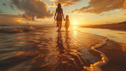 Happy mother and her daughter enjoying walk along beach at sunset. - obrazy, fototapety, plakaty