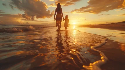 Fotobehang Happy mother and her daughter enjoying walk along beach at sunset. © tong2530