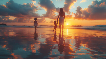 Happy mother and her daughter enjoying walk along beach at sunset. - Powered by Adobe