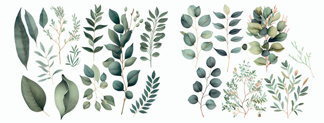 Elegant Collection of Hand-Painted Watercolor Greenery, Featuring Various Types of Leaves