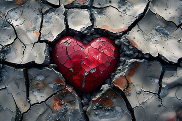 A sign of a shattered heart and lovesickness is a red stone heart smashed in a crack in the concrete. - obrazy, fototapety, plakaty