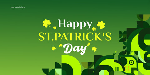 Fototapeta premium Happy St Patrick's Day banner in modern geometric style. Great for greeting covers, social posters and St Patrick's Day celebration party invitations with text. Vector illustration