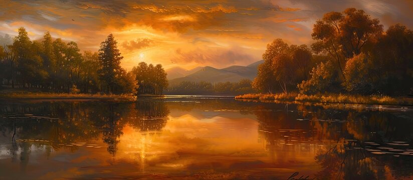 A painting depicting a vibrant sunset over a tranquil lake, with warm colors blending into the water and reflecting the skys beauty.