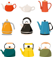 set of teapots in flat style vector