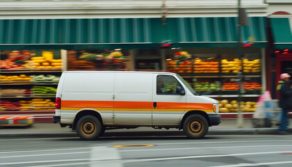 A refrigerated van adorned with images of crisp vegetables speeds along a road - ensuring fresh produce reaches local stores swiftly