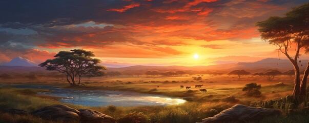 serene sunrise over a vast savannah