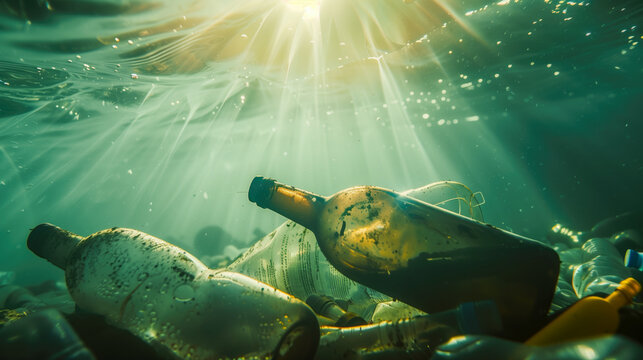 Bootles, PETs, plastics, trash under the ocean sea water; recycle
