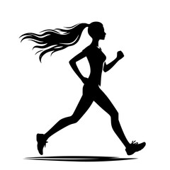 Black silhouette of a girl running. Vector illustration of a woman jogging isolated on a white background.