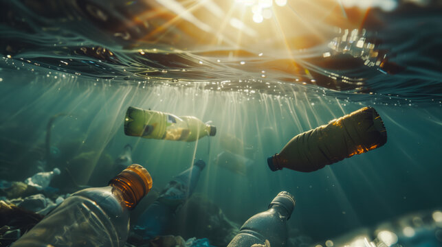 Bootles, PETs, plastics, trash under the ocean sea water; recycle