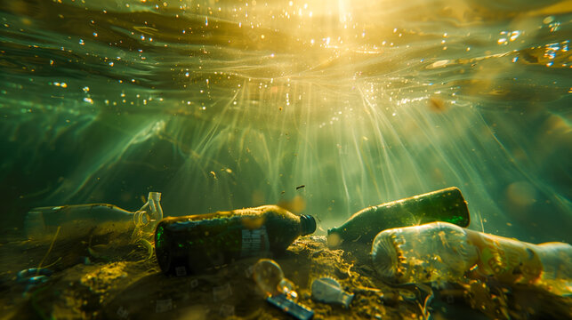 Bootles, PETs, plastics, trash under the ocean sea water; recycle