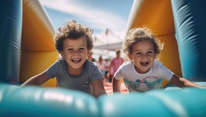 Two children, a boy and a girl, are energetically bouncing and laughing in a colorful inflatable play area designed like a park. The boy is wearing a striped shirt while the girl has a pink dress. - obrazy, fototapety, plakaty