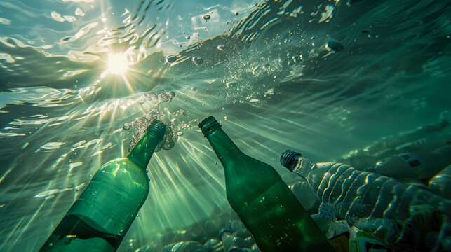 Bootles, PETs, plastics, trash under the ocean sea water; recycle