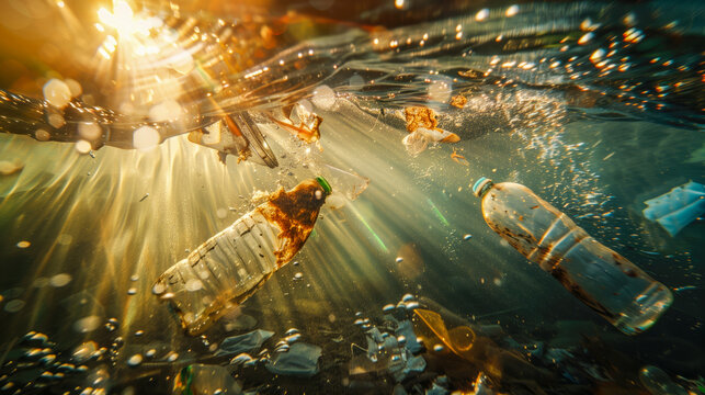 Bottles, PETs, plastics, trash under the ocean sea water; recycle