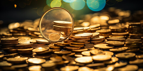 Abstract background for advertising financial services, gold coins of different sizes on the background 