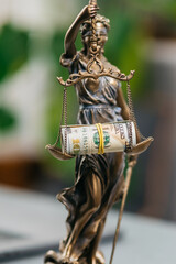 Scales of justice with money on an isolated background. Concept of injustice, imbalance, corruption...