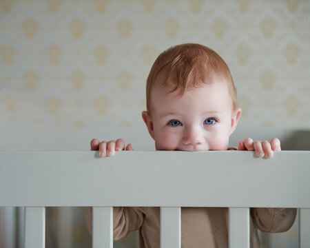 Portrait Of A Toddler Standing In His Crib.