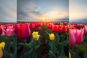 Tranquil Tulip Tapestry Vibrant Tulip Field Under