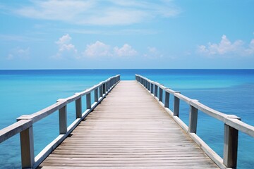 a wooden dock leading to the ocean - obrazy, fototapety, plakaty