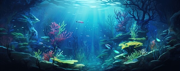 Fototapeta na wymiar Underwater Algae, bioluminescent, Fish in Aquarium, Under the Sea, Scuba Dive, Glowing Reef, Ocean Life