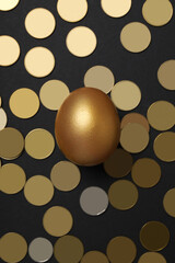 Golden egg with coins on a dark background