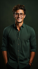 Obraz premium Photo of a young attractive smiling man in glasses and green t-shirt. Dark background. Photo for banner, commercial
