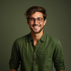Photo of a young attractive smiling man in glasses and green t-shirt. Dark background. Photo for banner, commercial