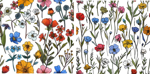 Vector seamless pattern with hand drawing wild flowers