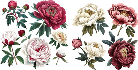 Botanical natural flowers peonies Illustration - obrazy, fototapety, plakaty