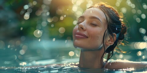 Young woman relishes a bath in naturally heated waters. Generative Ai