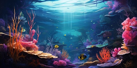 Tranquil underwater world with vibrant coral, small fish, and glistening sunlight filtering through water - obrazy, fototapety, plakaty